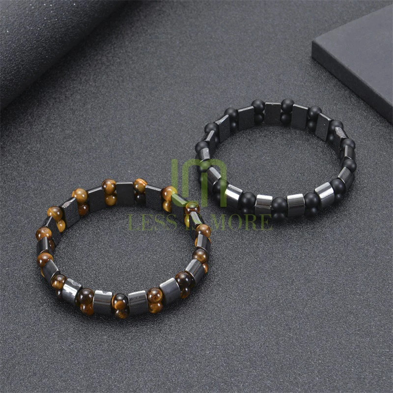 Premium Natural Black Matte Hematite Stone Tiger Eyes Beaded Stretch Cuban Wrap Bracelets Magnetic Healing Jewelry For Mens