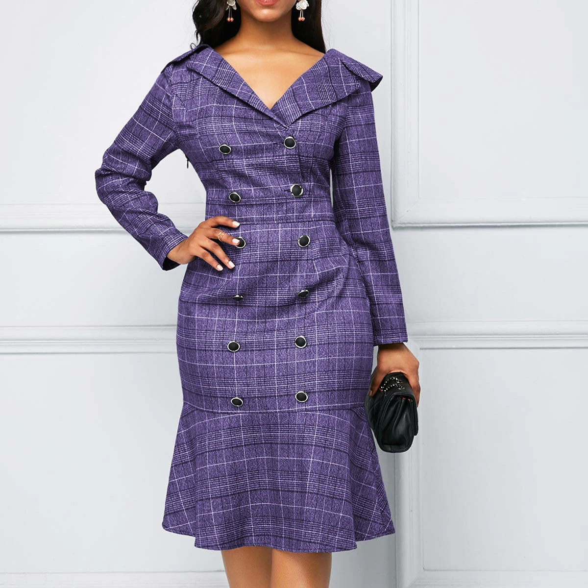 Spring Office Ladies Long Sleeve Classic Plaid Button Professional Women Business Midi Career Dresses