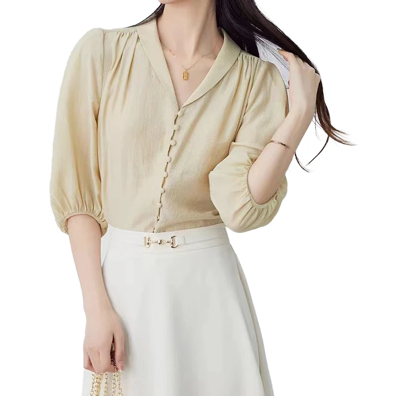 2025 modest elegant design puff half sleeve women office blouse with buttons front