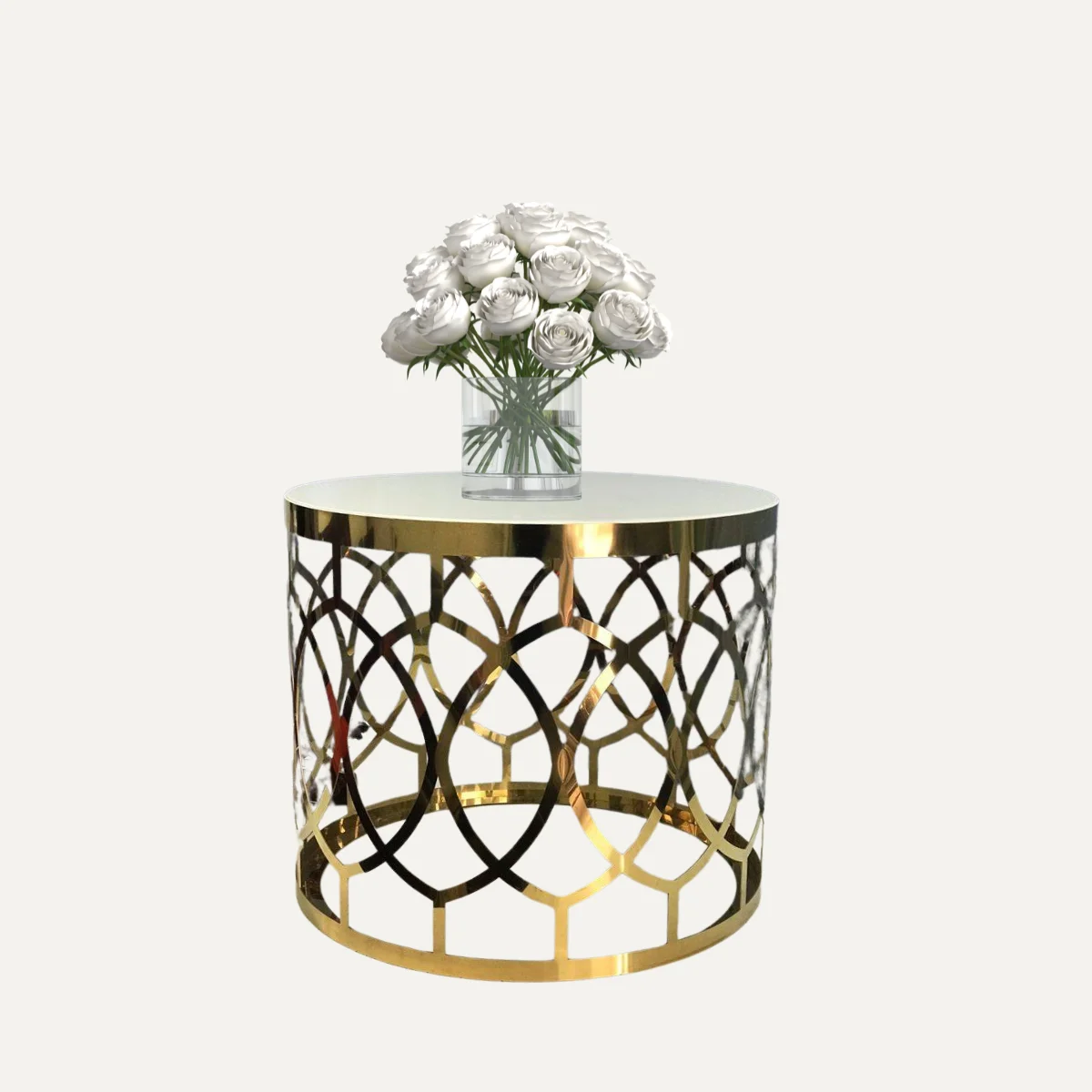 OEM/ODM Hardware Furniture Modern Round Glass Top Polished Base Brass Gold Carved Coffee Table