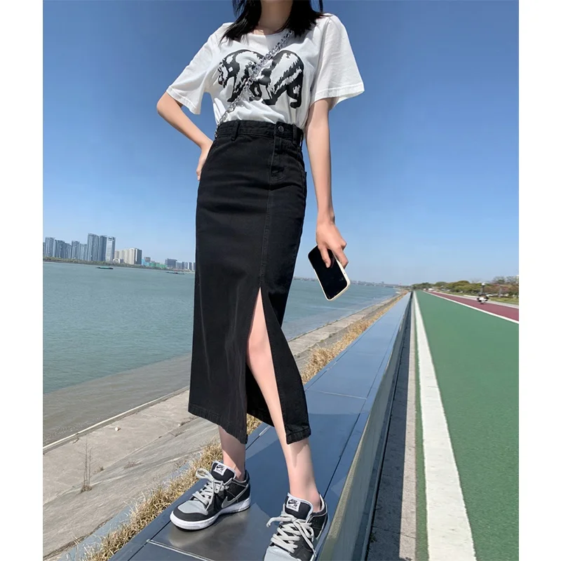 
Hot Irregular Split Casual Jeans Skirt Female Summer High Waist Slim Stretch Black Long Denim Skirts 