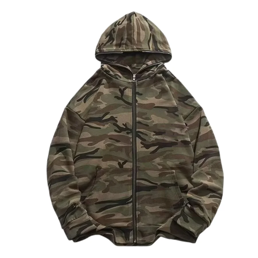 Vintage Streetwear Unisex Camouflage Hoodie Custom 100% Cotton Oversized Men Women Camouflage Zip Up Hoodie