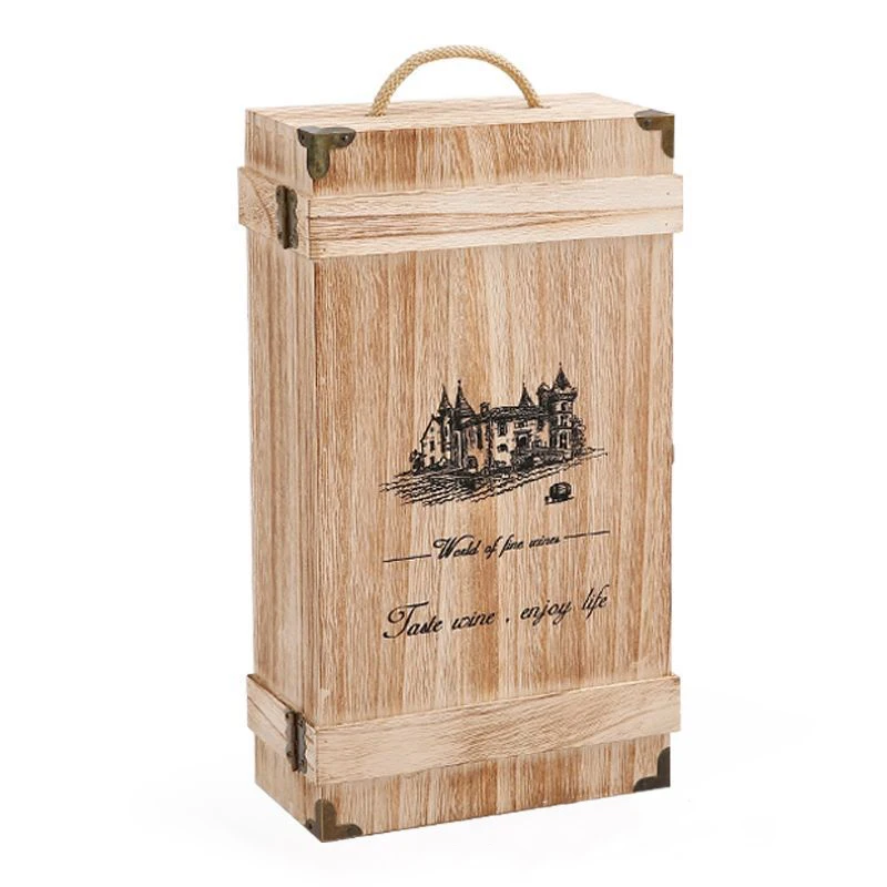 Custom Luxury Wood Gift Box Wooden Wine Box Natural Wood Box For Double Bottle with Hinged Lid