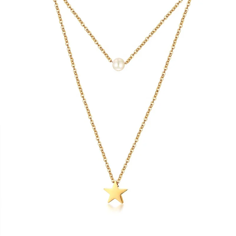 AD Jewelry Stainless Steel Layering Choke Heart Necklace with 18 K Gold Plated Moon Star Disc Pearl Pendant for Women Factory