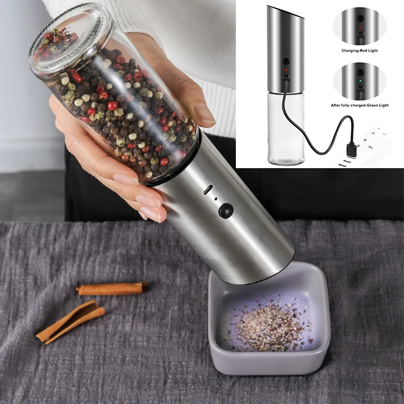 Gravity Automatic USB Rechargeable Stainless Steel Electric Salt and Pepper Grinder with LED light