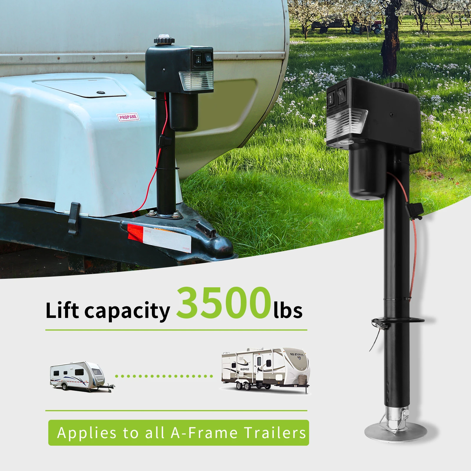 12V DC 3500 lbs. RV Electric Power A-Frame Tongue Jack for Travel Trailer Camper with Drop Leg