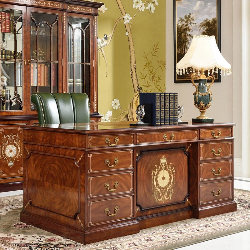 Italian Style Classic Hand Carved Oval Solid Wood High Gloss Paint Black Antique Home Office Desk