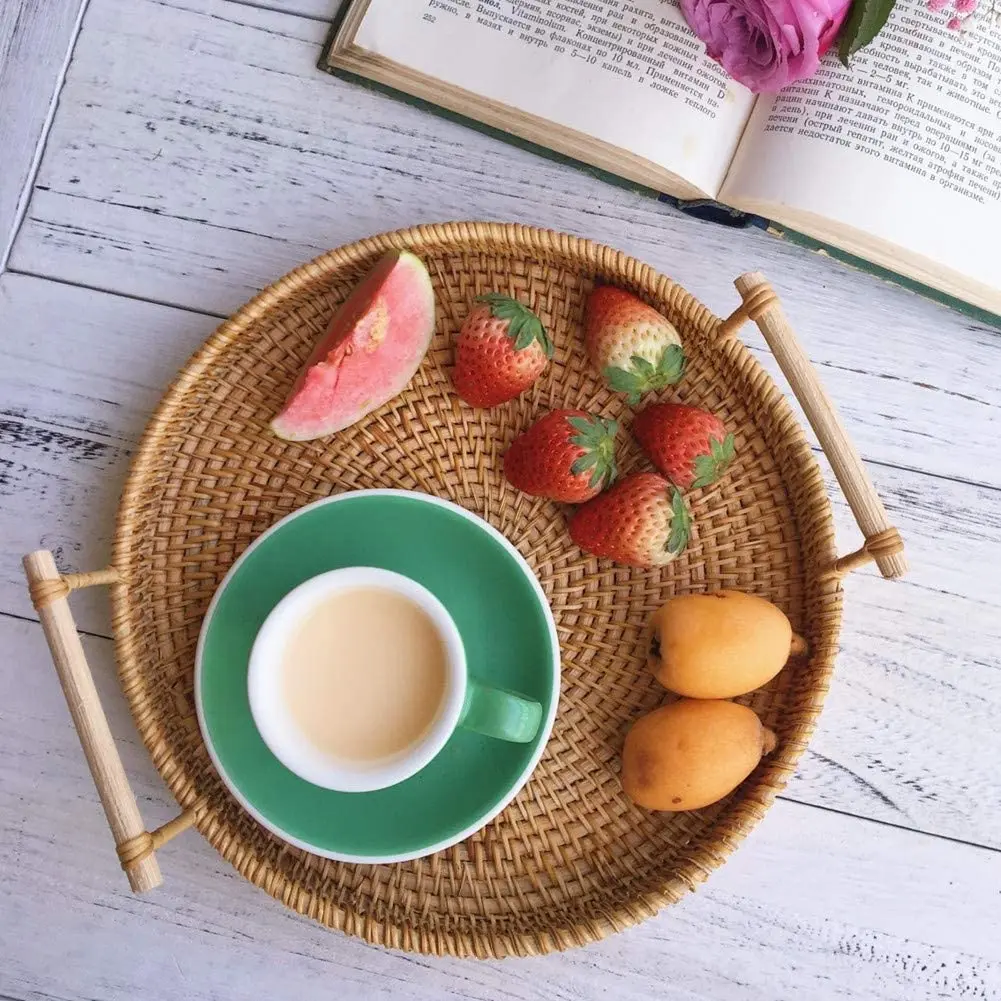 Round Rattan Bread Tray Rattan Serving Tray with Handle for Bread Fruit Food Breakfast