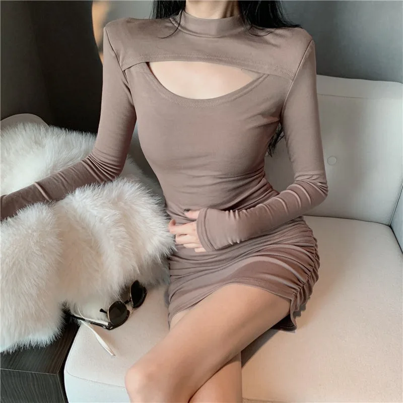 Custom logo FNJIA Hanging neck dress Slim and thin pleated bottom skirt Europe and America Scoop Tight Dress