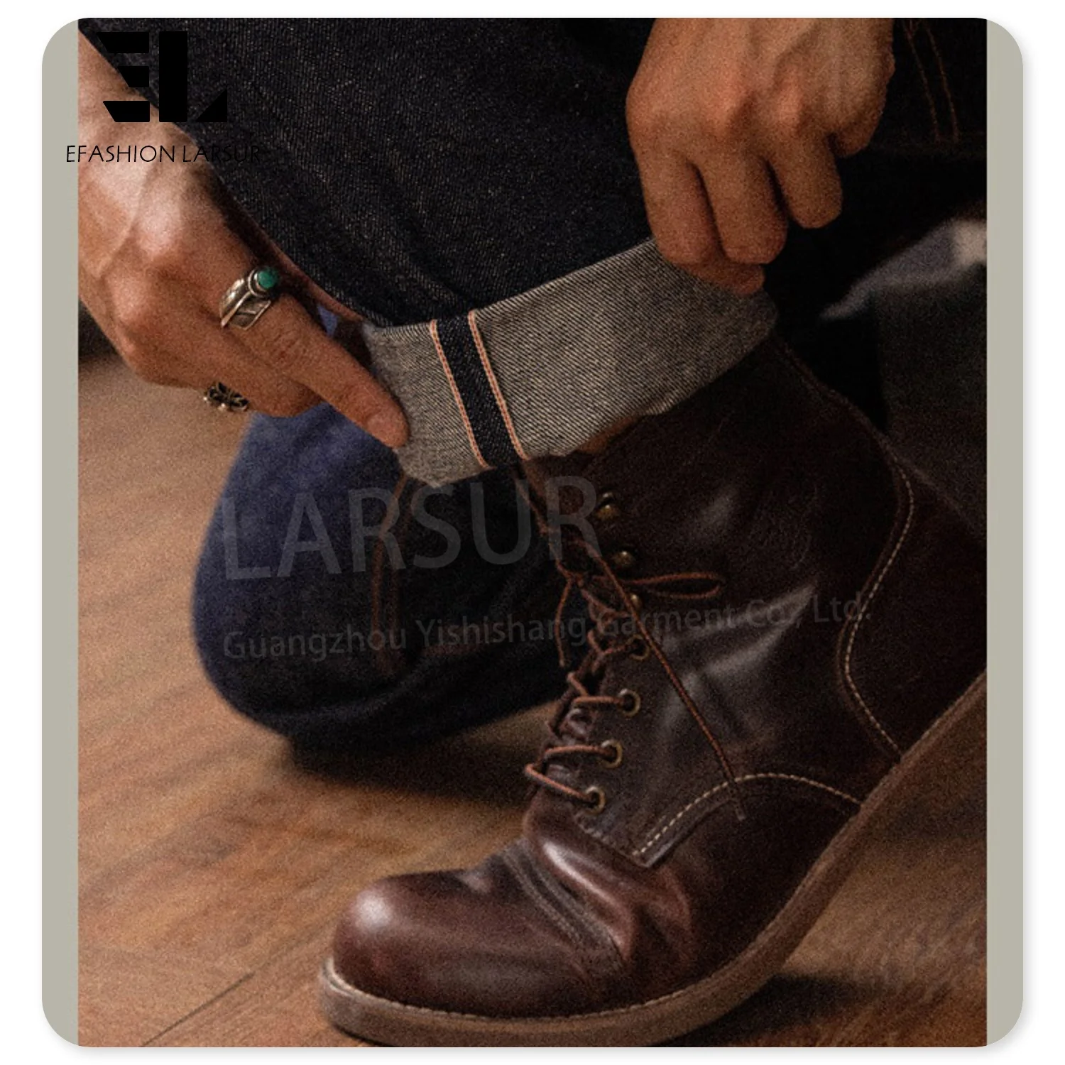 LARSUR Custom denim manufacturer bukleback work raw selvedge denim jeans men paris buckle straight slim red selvedge denim pant