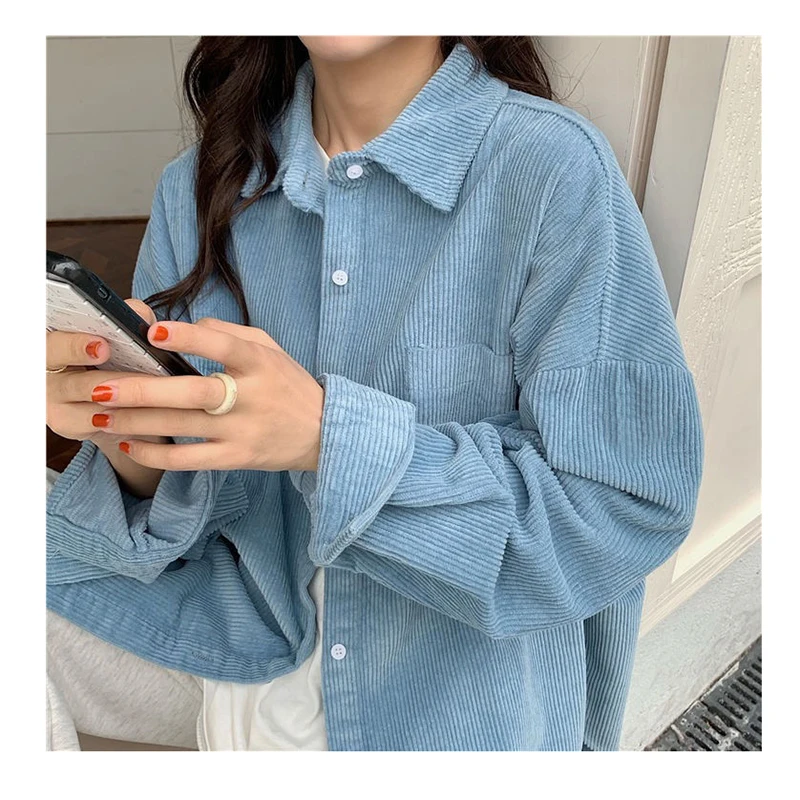 Autumn Korean Style Corduroy Shirt Women Casual Oversized Kawaii Harajuku Long Sleeve White Chic Blouse Female Student