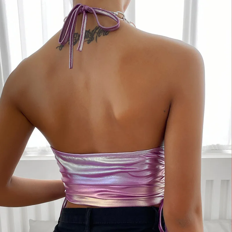 XQM Summer Contrast Color Stitching Purple Vest Sleeveless Halter Top Slim Backless Vest Women
