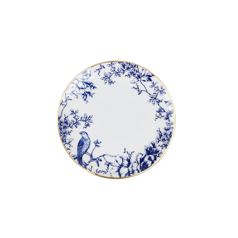 Nordic Tableware White and Blue Ceramic Dinnerware Set with Gold Rim Vintage Floral Birds Pattern Crockery for Wedding Decor