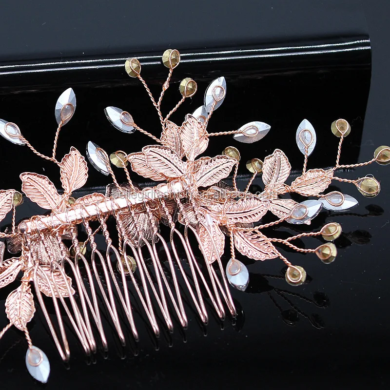Wedding bridal jewelry set Tiara luxury 3 pcs gold color metal leaves 4 flowers rhinestones U shape hair pins and hair combs set