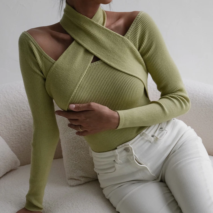 
2021 Hot Selling Hanging neck off shoulder collarbone blouse short style knit sweater autumn winter fahion women sweater 