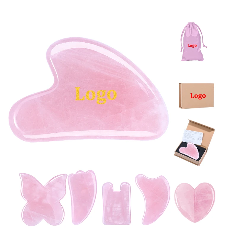Private Label Rose Quartz Gua Sha Stone Heart Horn Butterfly Gua Sha Jade Scraping Tool Set Various Pink Guasha Crystal Massager