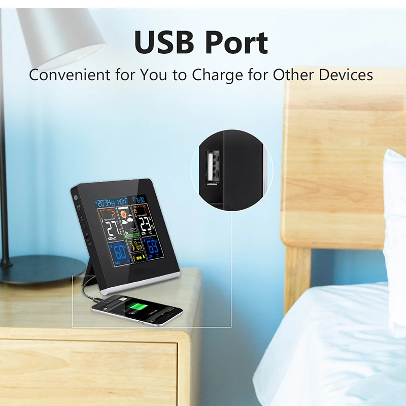 multi-color lcd backlight display wireless weather station with usb charging