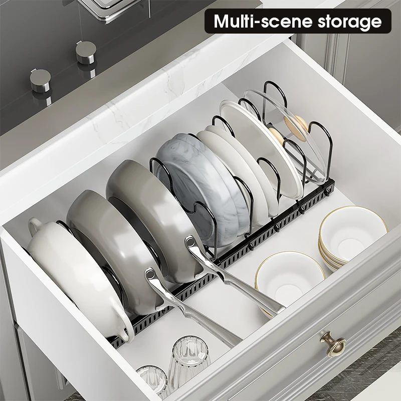 Hot Sale Standing Adjustable Kitchen Baking Pan and Pot Holder Rack Shelf Organizer for Cabinet Storage