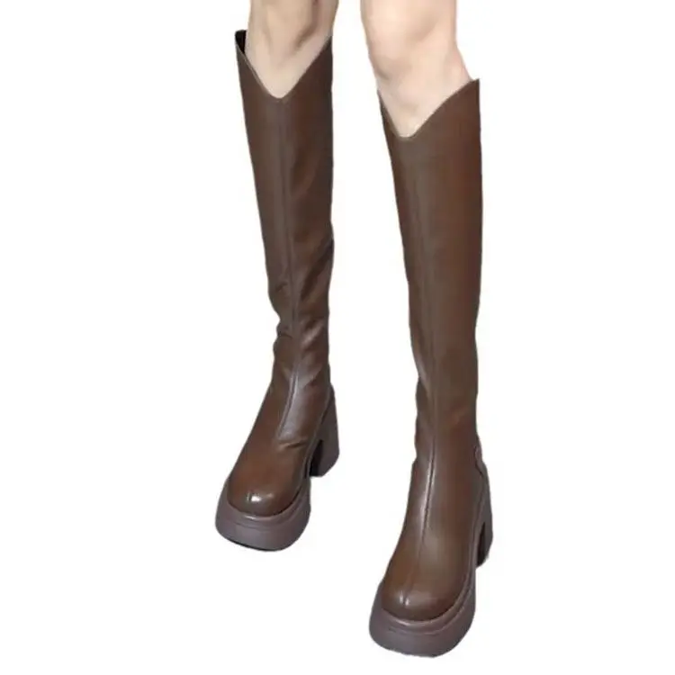 Women Knee High Boots Real Leather Round Toe Chunky Heel Platform Boots Autumn Winter Side Zipper Simple Fashion Knight Boots