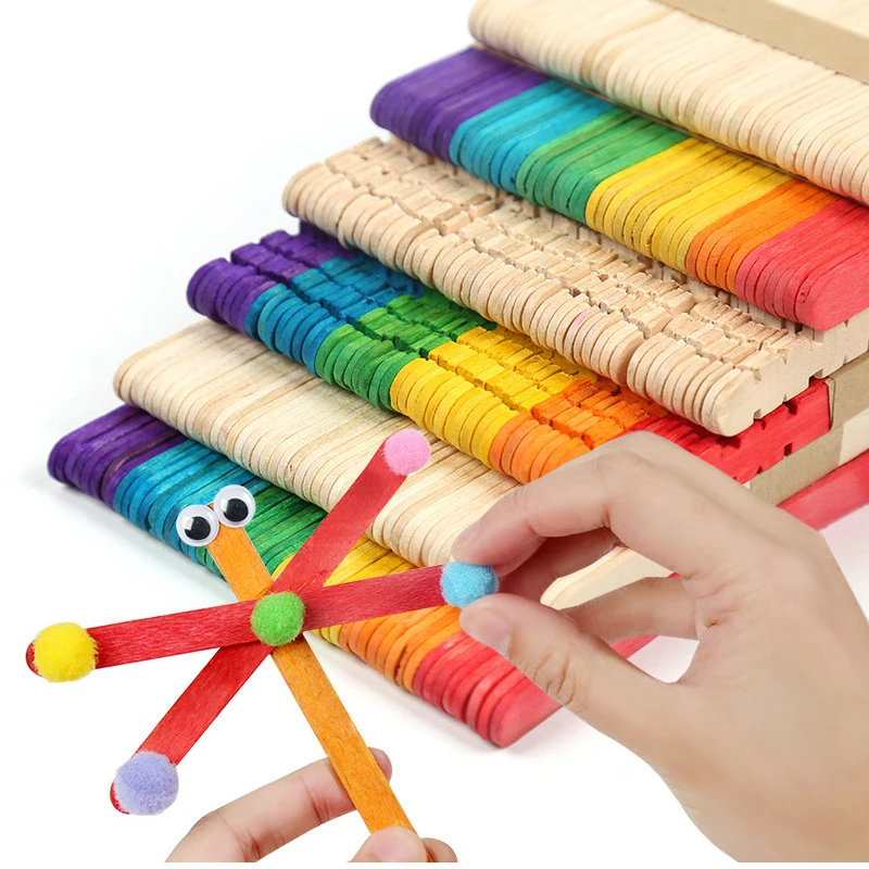 100Pcs/50Pc Environmental Fun Handmade Diy Colored Popsicle Natural Wood Ice Cream Sticks Food Grade Flat Handy Art Crafts Stick