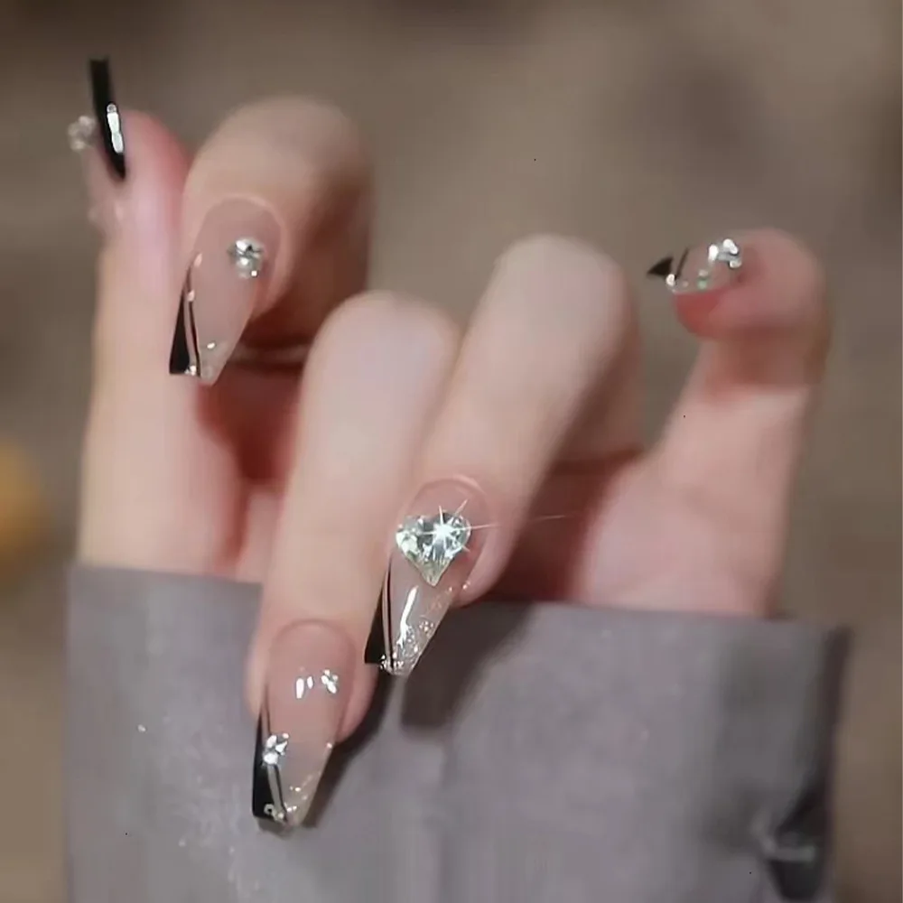 Diamond Medium Length Ballerina Nails Coffin Fake Nails Designs Press On Nails In Bulk Artificial Fingernails With Rhinestone