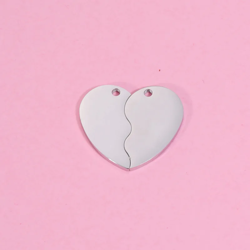 Stainless Steel  DIY Jewelry Making Accessories Two Pieces Broken Heart Pendant Blank Heart Charm Personalize Engrave Name Logo