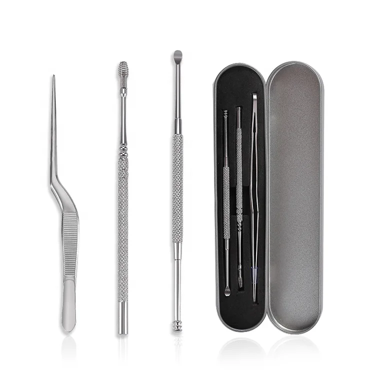 Hot Selling Stainless Steel Ear Scoop Tweezers Studs Spring 3 in 1 Ear Wax Remover Tool Set With Iron Box