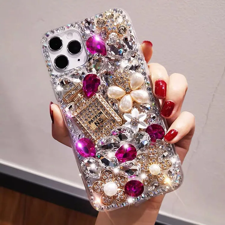 Popular real rhinestone girly phone case for iPhone 14 max 14 pro max shiny mobile cover,Perfume bottle diamond case for iPhone