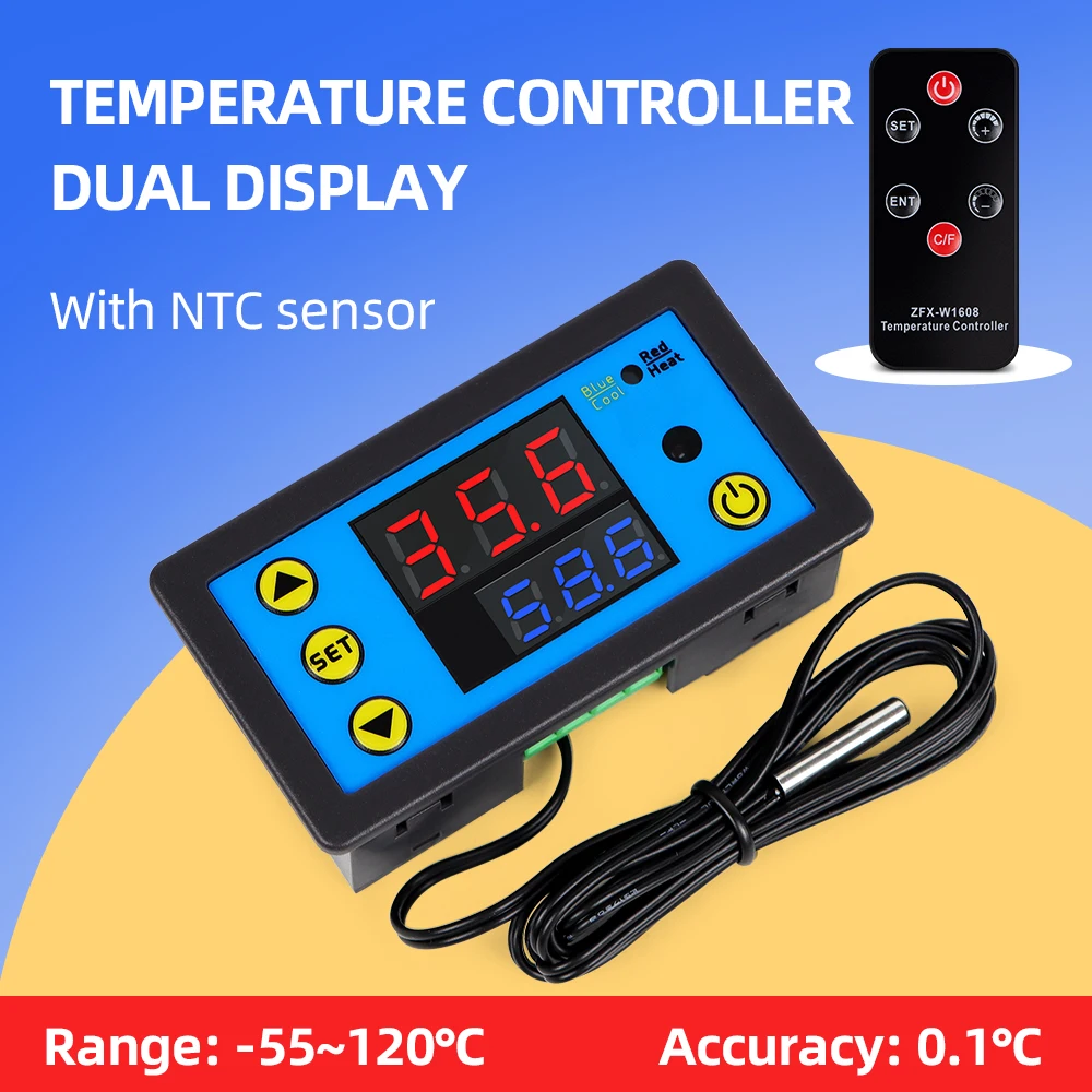 ZFX-W1608 Temp Controller 15m Remote Control Distance Thermostat Dual Display LCD Thermoregulator Temperature Alarm