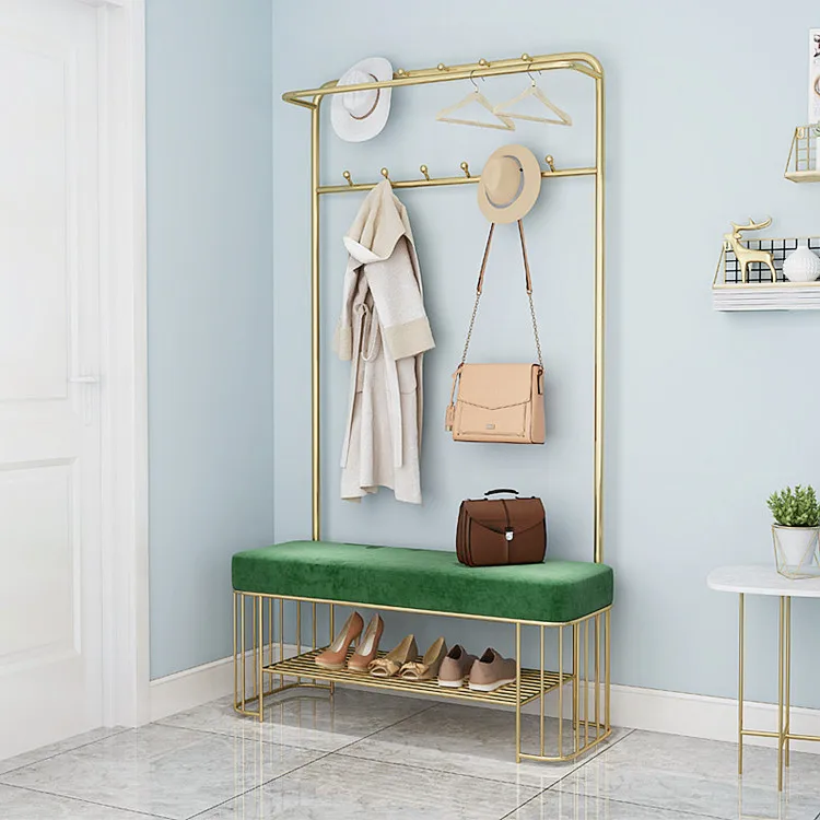 Home Easy Assembly Free Standing Garment Portable Hanger Metal Frame Coat Rack With Shoe Storage Bench