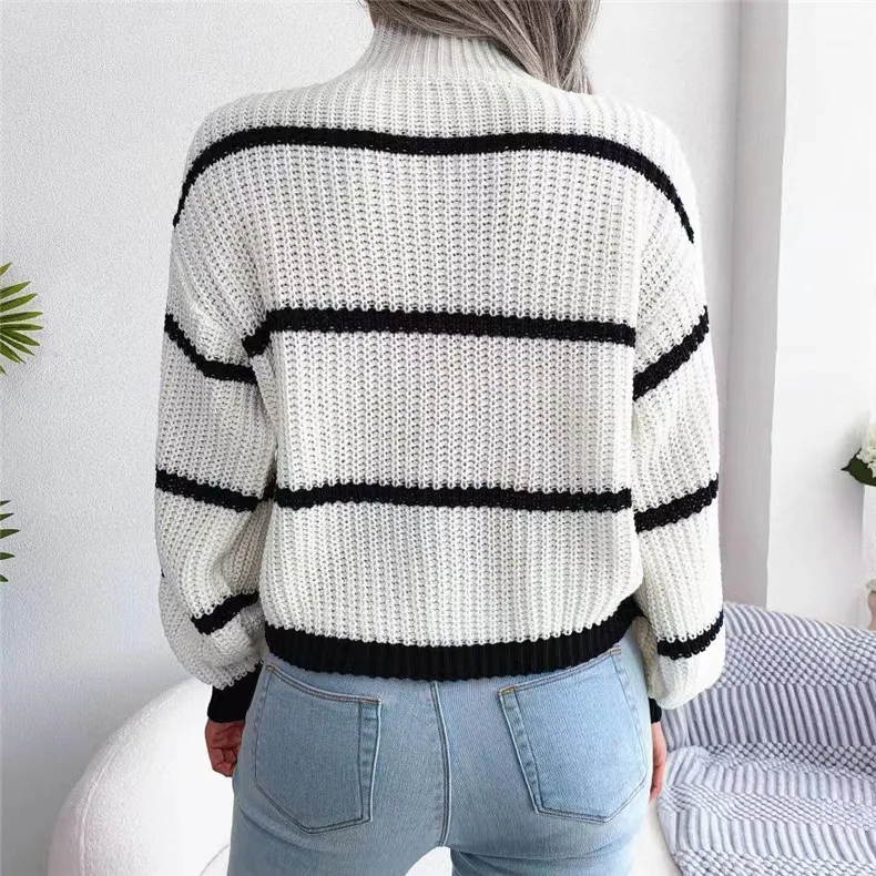 Autumn Winter European Style Casual Striped Lantern Sleeve Half Turtleneck Knitted Pullover Woman Sweater