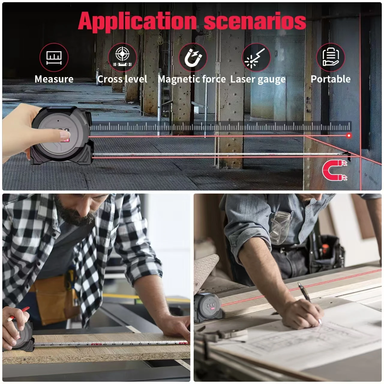 3-IN-1 Test Instruments Laser Meter 40m/60m Measure Tape Digital Manual Laser Distance Meter