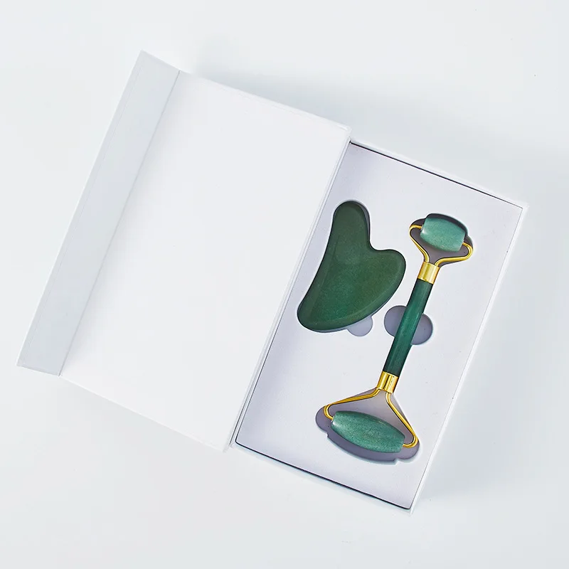 Factory Cheaper Price  Facial Natural Stone Green Aventurine Jade Roller Facial Skin Massage Roller And GuaSha Set