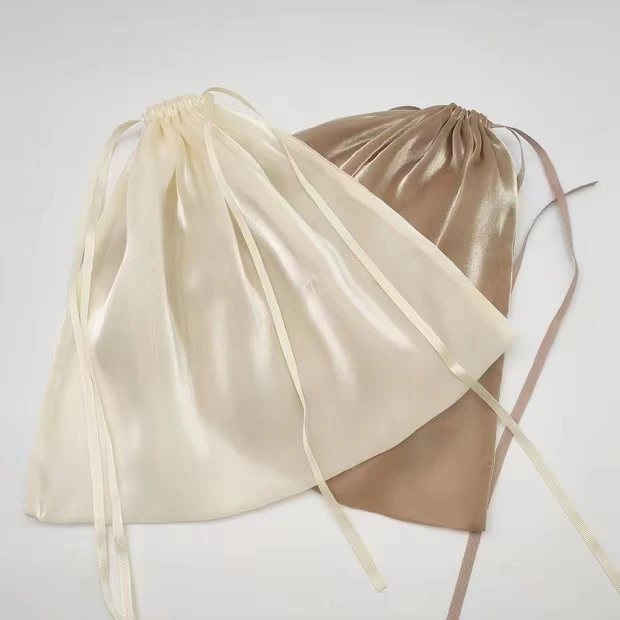 Custom organza drawstring pouch Organza Clothing storage bag Recyclable Beige Breeze satin organza Gift Bags with Drawstring