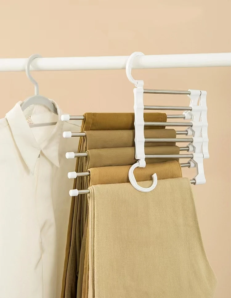 2024 New Multifunctional magic pants rack five-in-one stainless steel pants rack five-layer storage folding telescopic hanger