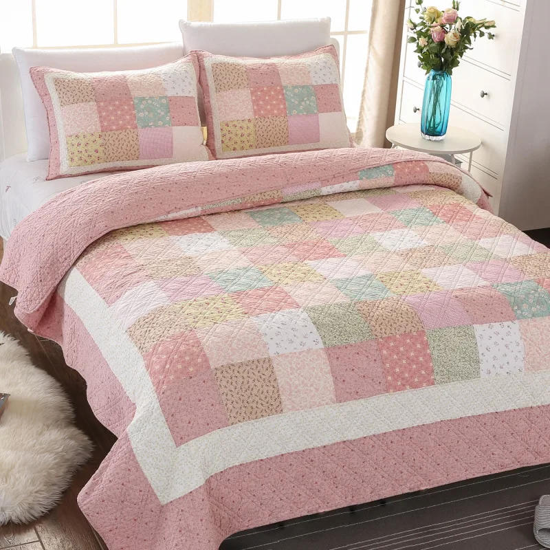 Korean Style Geometry Flower Print Cotton Montage Quilted Bedspreads Set