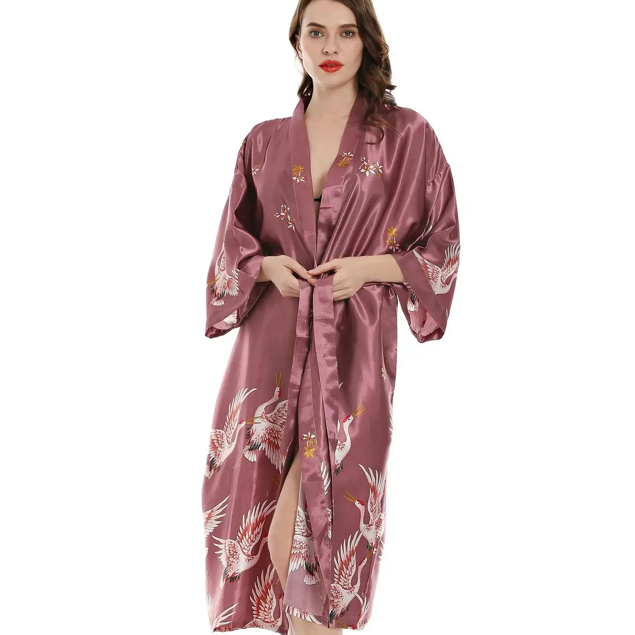 wholesale Spring and summer silk fairy crane pajamas female summer length sexy home robe Red Pink Black Blue Nightgown