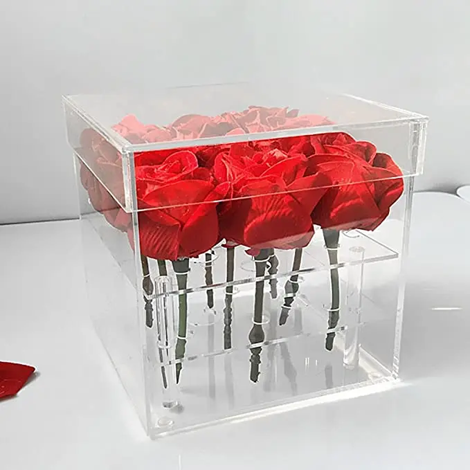 Acrylic Transparent Multi-function 9 Holes Wedding Storage Organizer Holder Flower Box with Lid