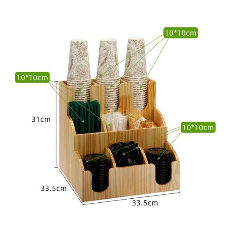 Bamboo Coffee Station Organizer 6 Compartments Condiment Rack Wooden Disposable Cups Holder Dispenser
