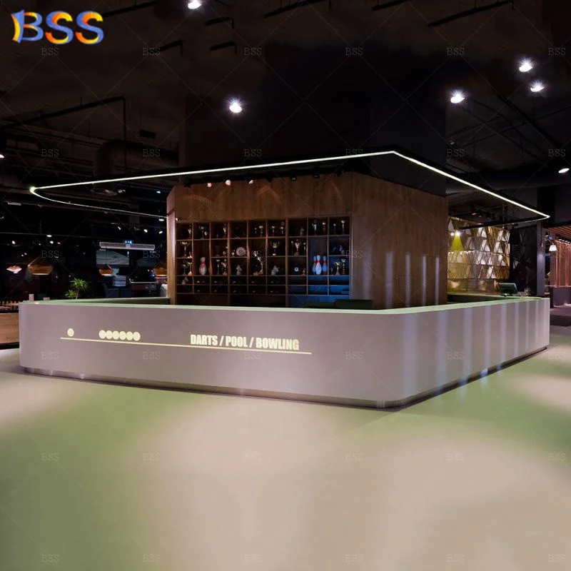 Современный L-образный персонализированный Corian белый ресторан ресепшн бар