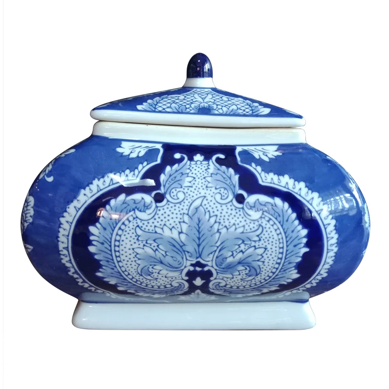 Short ceramic nimi storage jar blue and white square cookie jar for tea