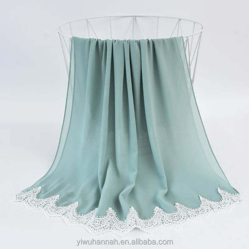 Muslim wedding dress shawls pashmina black with floral floral embroidered chiffon lace scarf for edges hijab