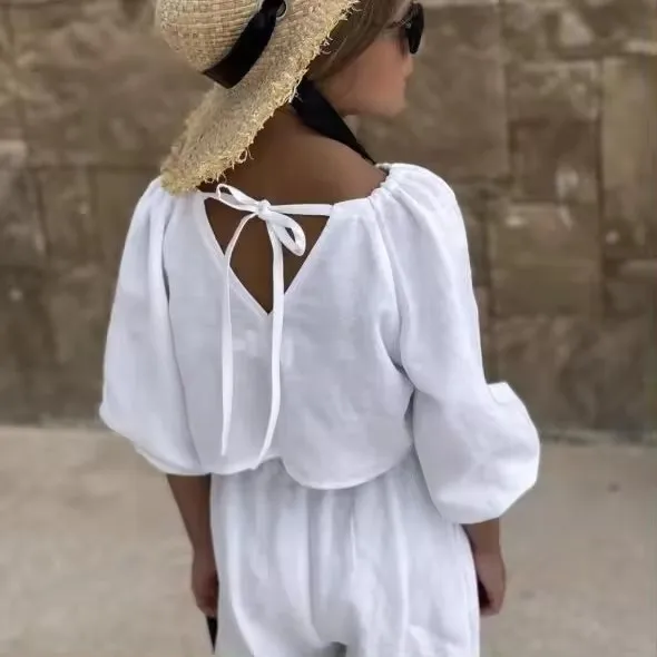 Soft Casual Beach Girls Summer Two Pieces Linen Long Sleeve Crop Tops Loose Pants Kids Linen Set