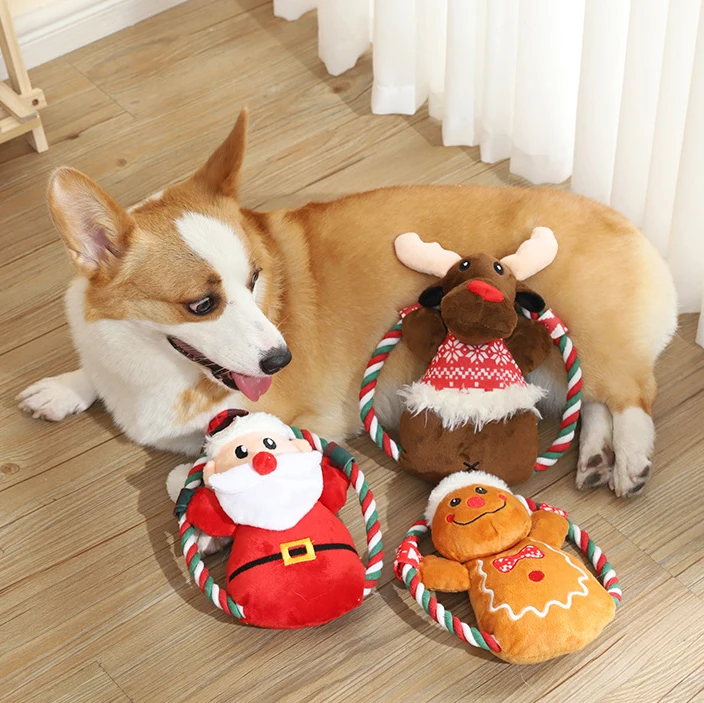 Christmas Pet Interactive Dogs Plush Squeaky Chew Rope Toy Decoration Supplies Chewing Soft Dog Plush Toys