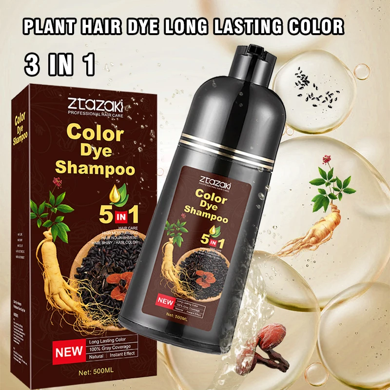 OEM Customize Wholesale 500ml  Natural Herbal Ginseng 5 in 1 Ginseng Hair Color Shampoo Permanent Hair Dye
