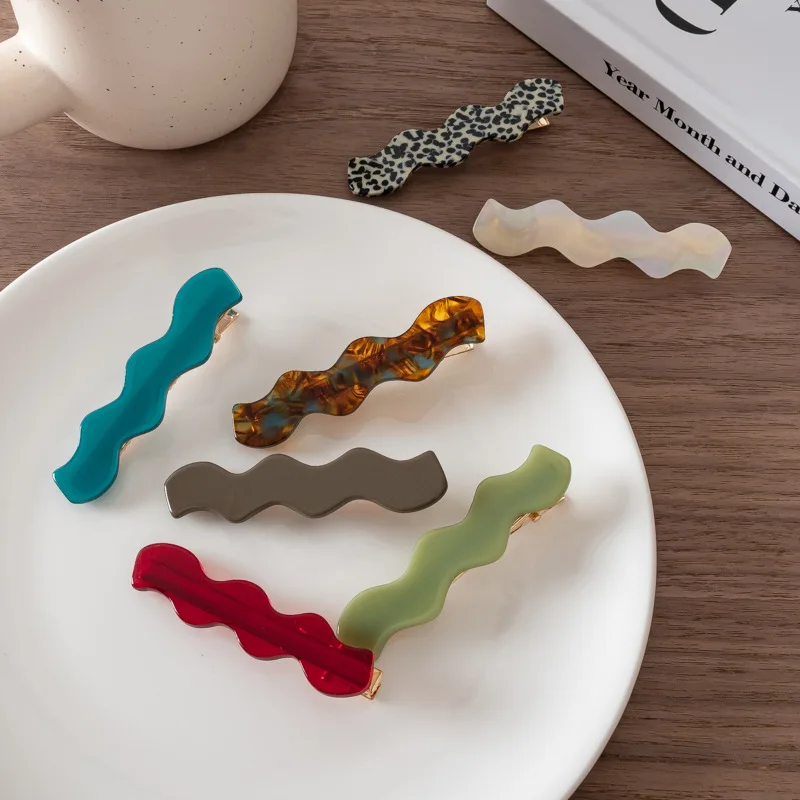 6.5CM Wholesale Trendy Simple Vintage Girls Hair Accessories Clips Wave Shape Color Acetate Metal Hair Clip For Women