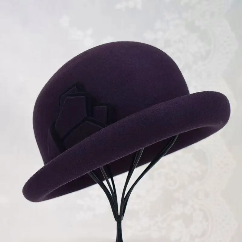 STS Fashion New Bowler Derby Hat 100% Wool Felt Hat Embellishment Double Mold Pointy Beret Hat For Women