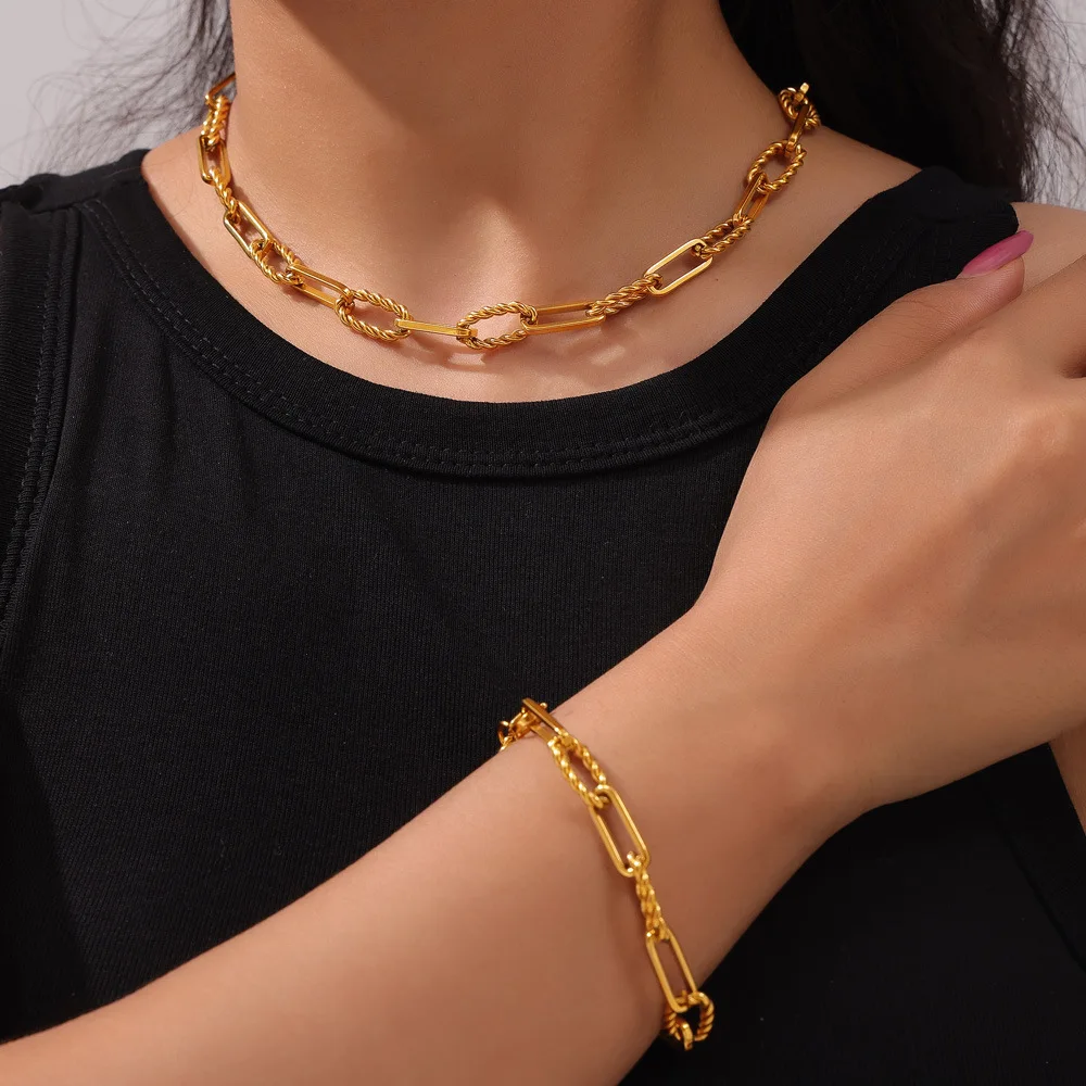 BJG0106S  Geometric chain necklace and bracelet set stainless steel jewelry set