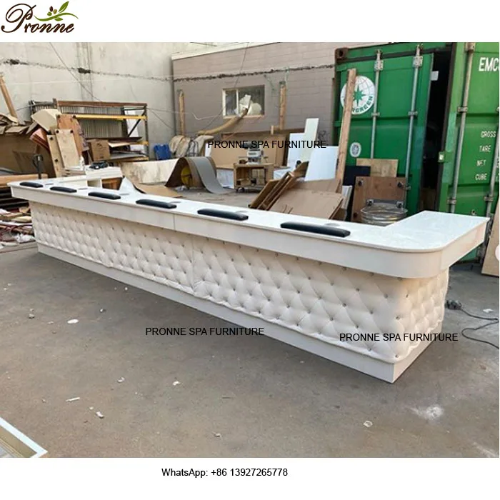 custom made modern lux tufted U shaped large nail bar rolling nail table manicure station salon furniture