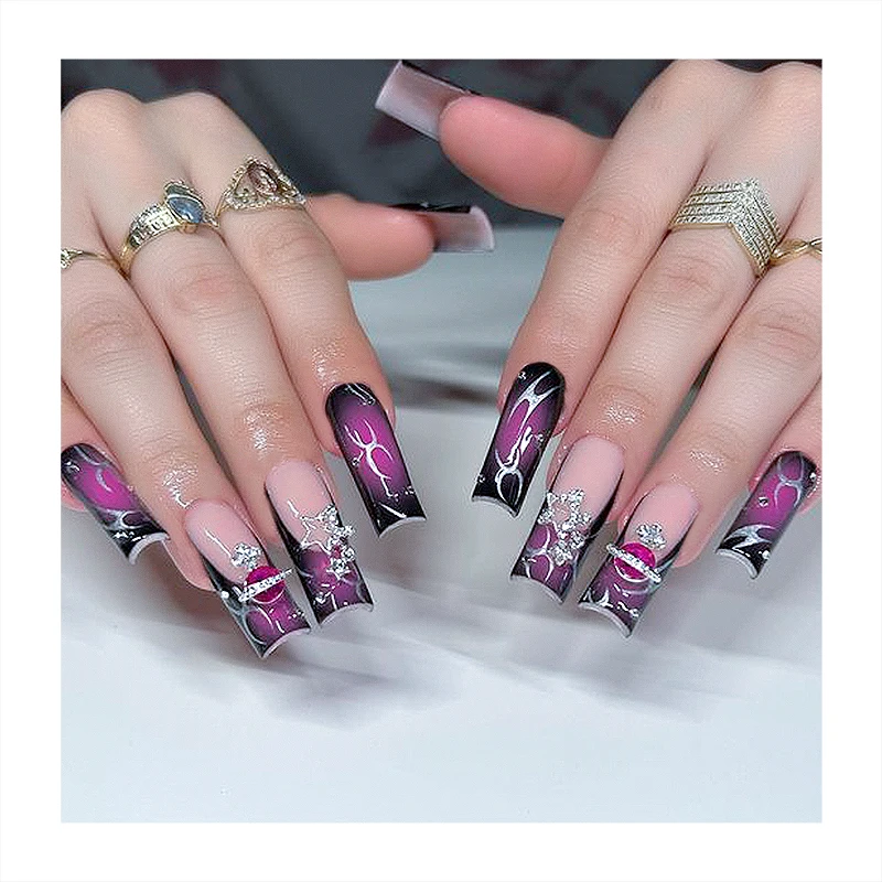 Luxury Long Coffin Press On Nails Gradient Light Blue Color Nails Tips Factory Supply Custom Wholesale Supply Vendors Fake Nails
